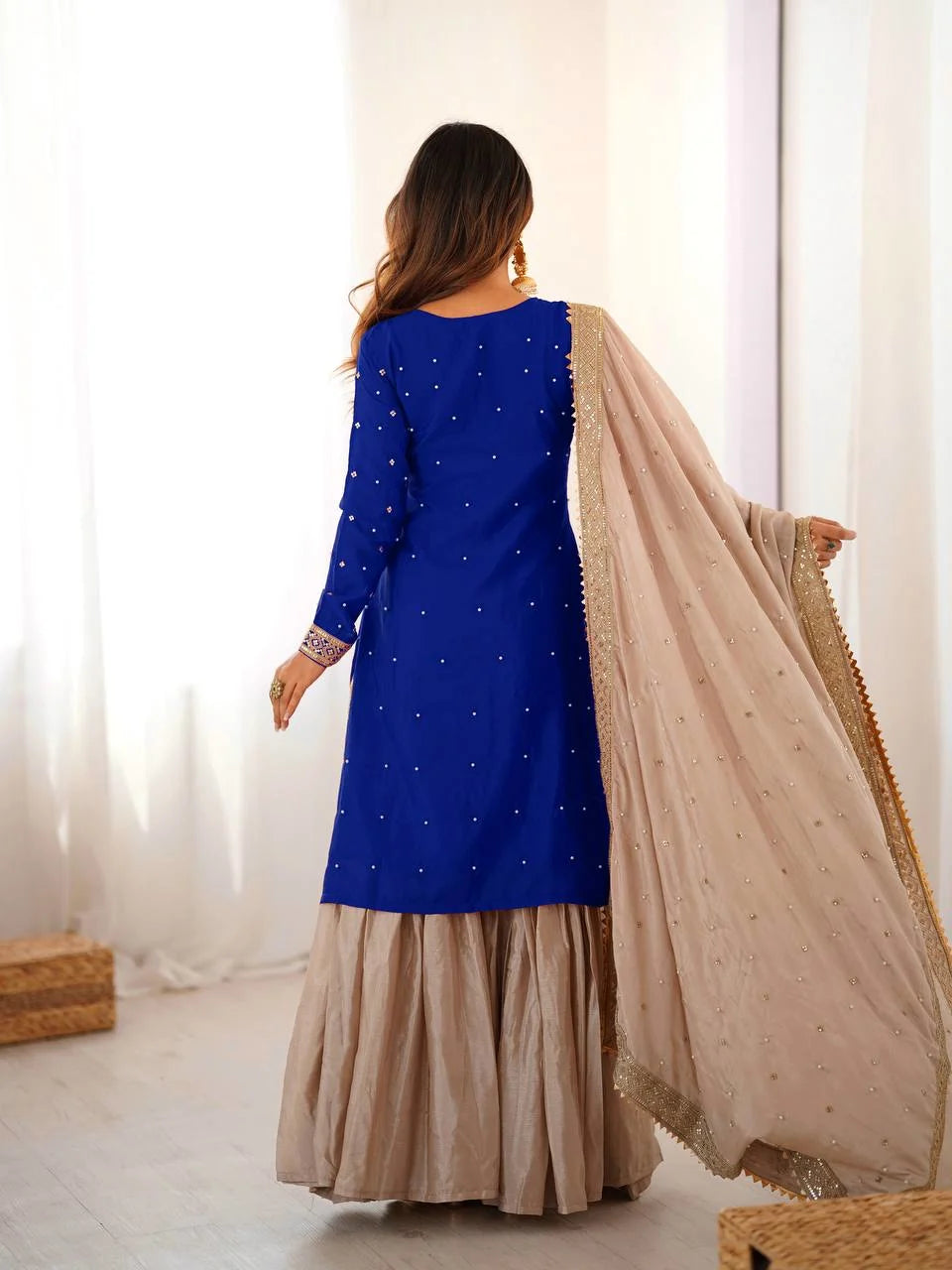 Elegant Blue Kurti Sharara Set with Sequence & Pearl Work