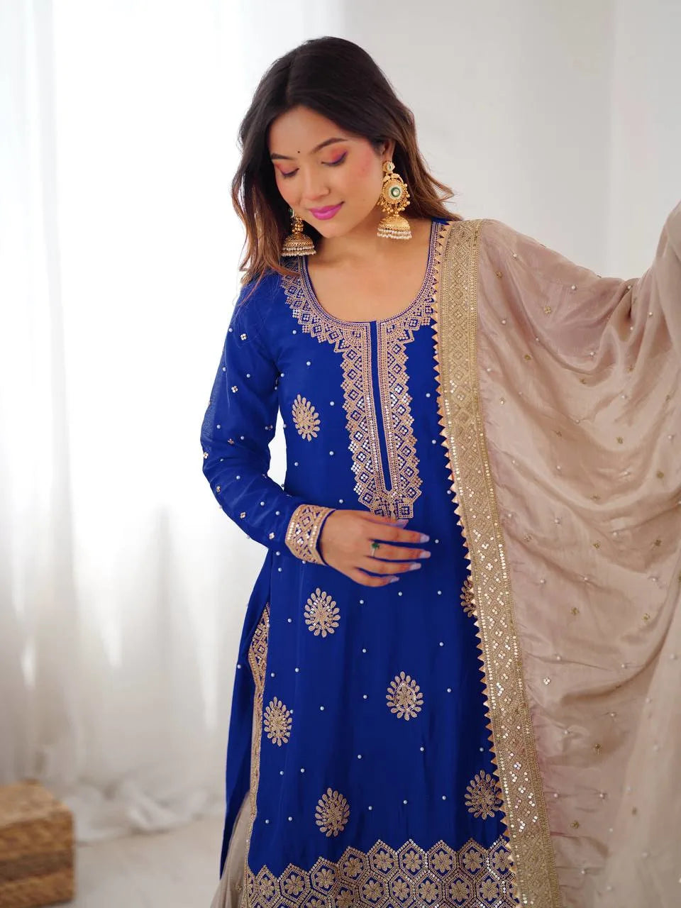 Elegant Blue Kurti Sharara Set with Sequence & Pearl Work