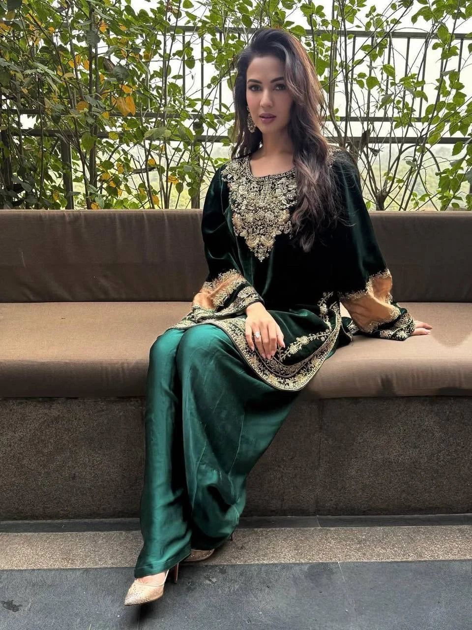 Viscose Velvet Suit Set with Sequence Embroidery & Faux Georgette Dupatta