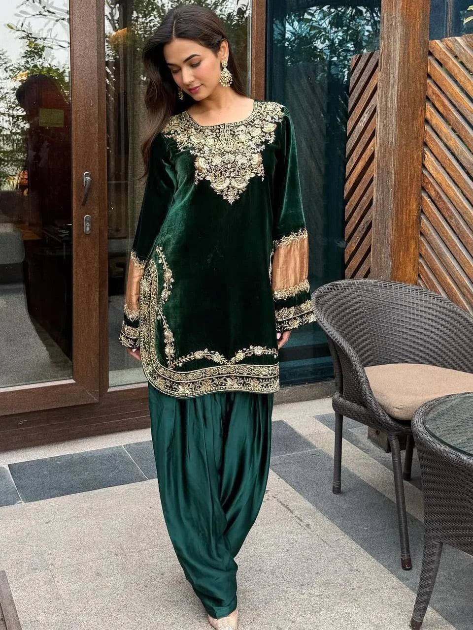 Viscose Velvet Suit Set with Sequence Embroidery & Faux Georgette Dupatta