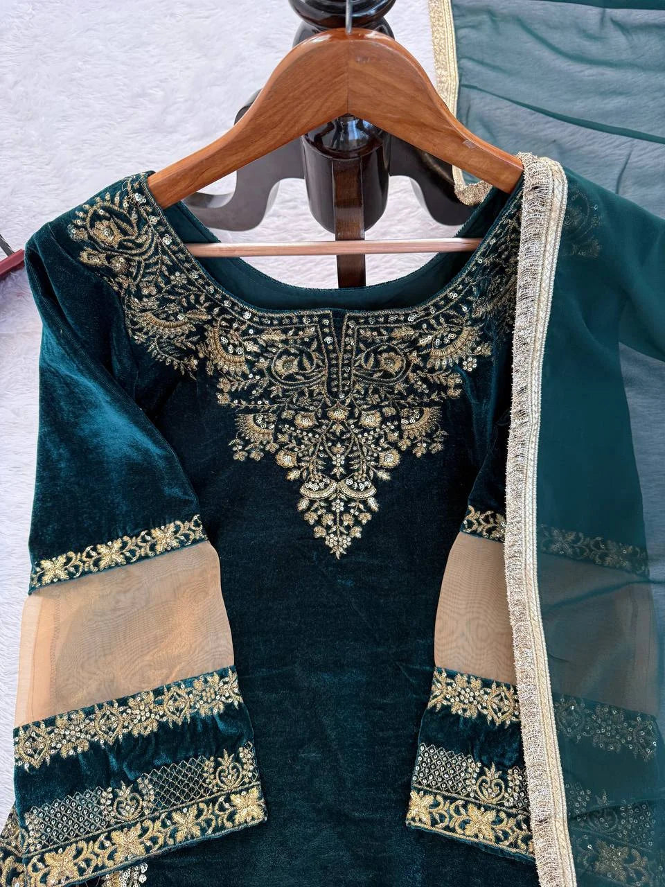 Viscose Velvet Suit Set with Sequence Embroidery & Faux Georgette Dupatta