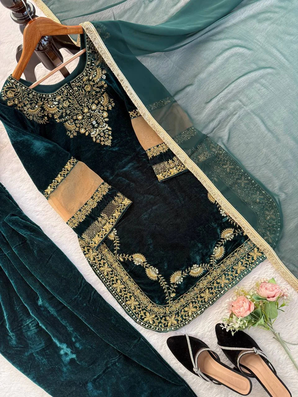 Viscose Velvet Suit Set with Sequence Embroidery & Faux Georgette Dupatta