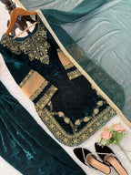 Viscose Velvet Suit Set with Sequence Embroidery & Faux Georgette Dupatta