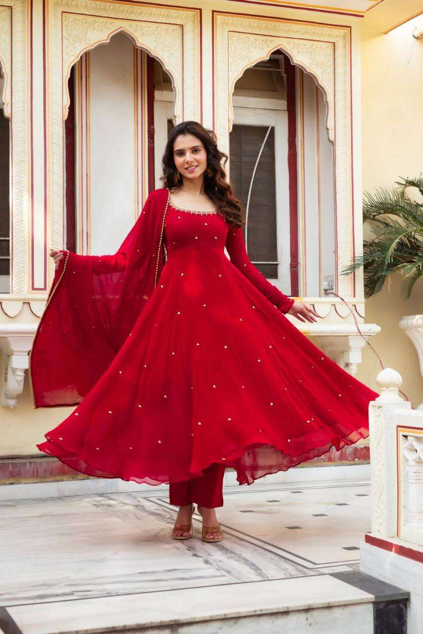 Faux Georgette Handwork Gown & Dupatta Set with Real Diamond Work