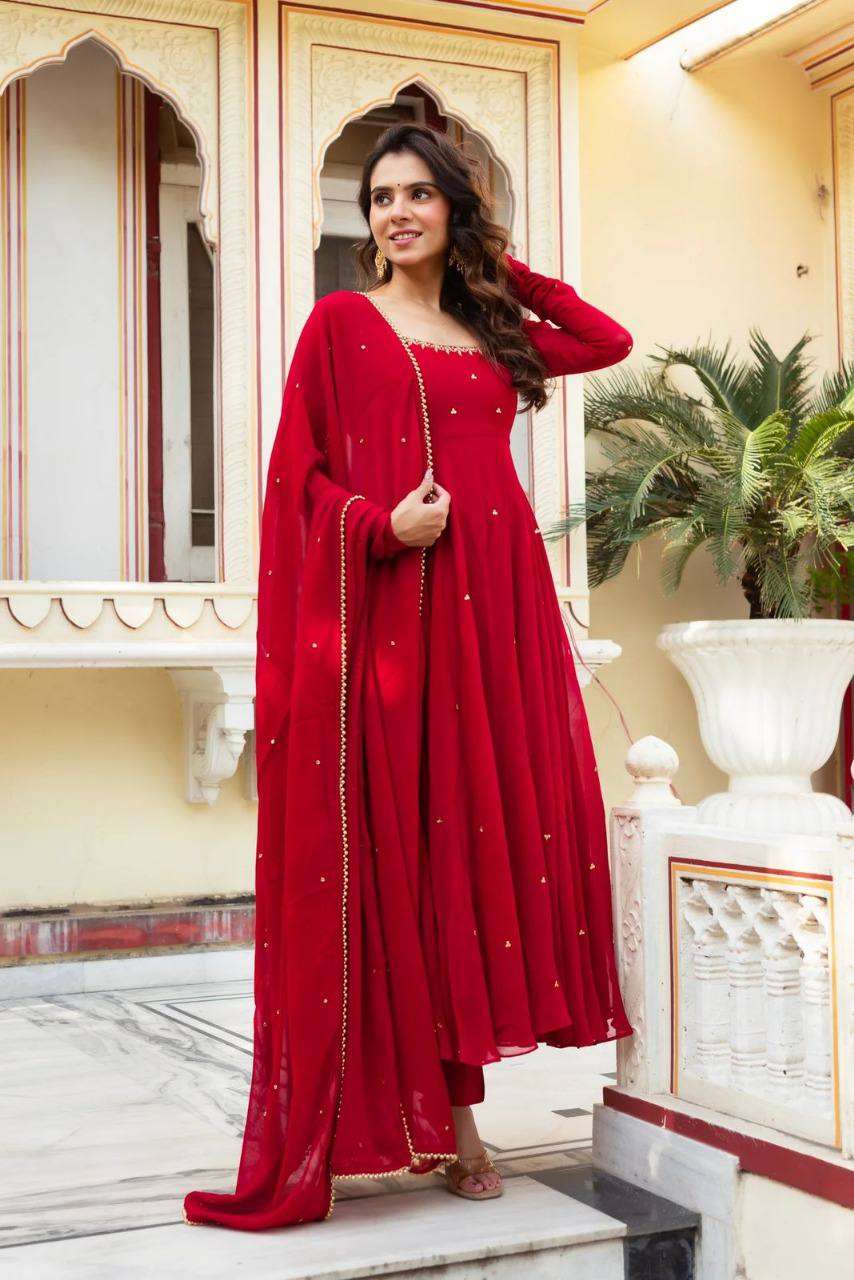 Faux Georgette Handwork Gown & Dupatta Set with Real Diamond Work