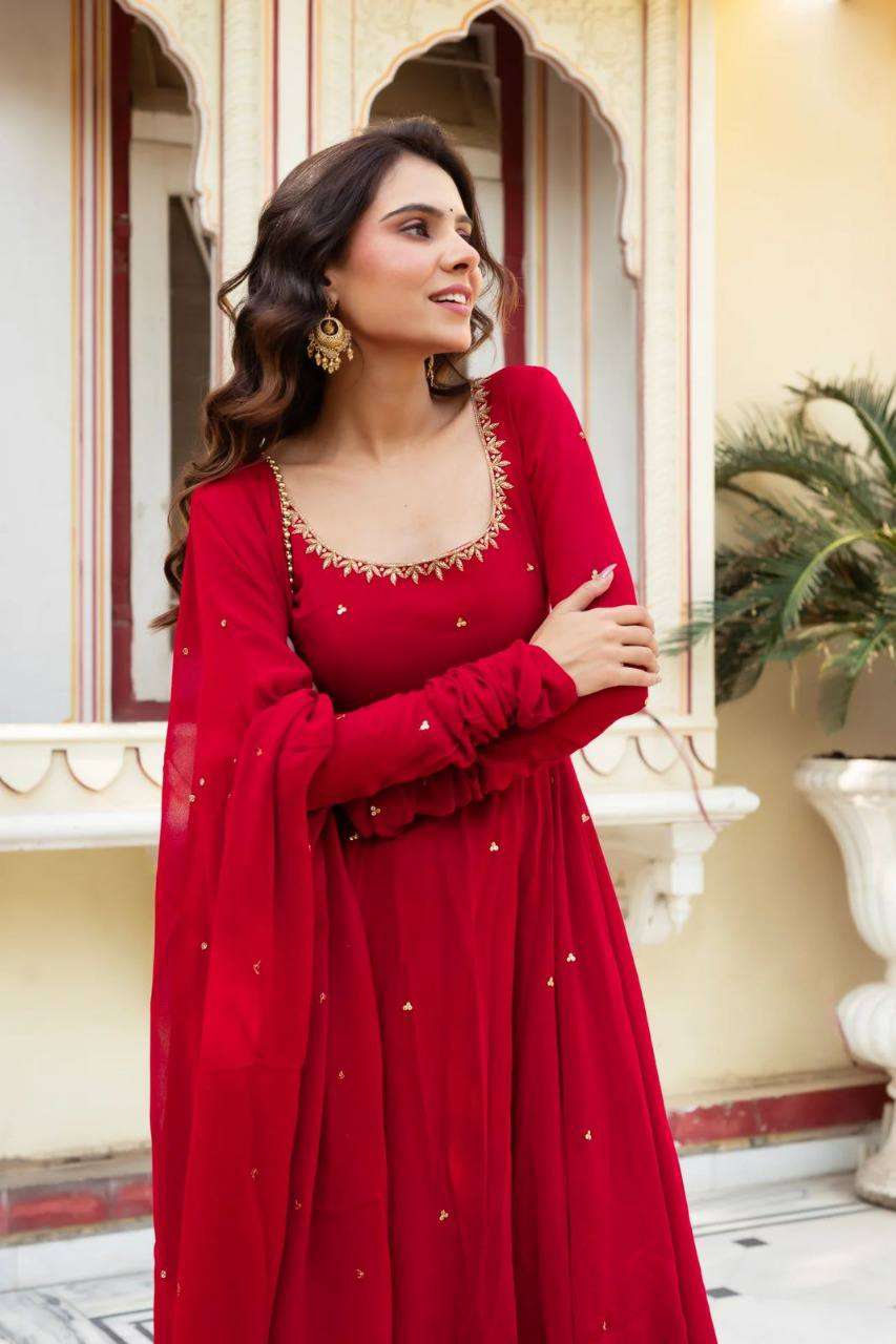 Faux Georgette Handwork Gown & Dupatta Set with Real Diamond Work