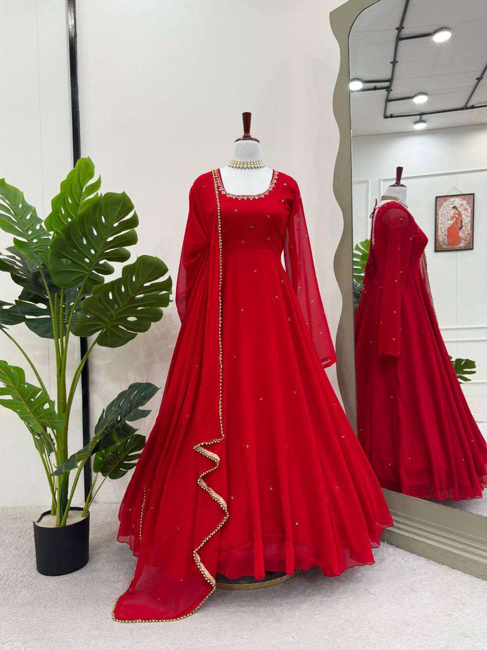 Faux Georgette Handwork Gown & Dupatta Set with Real Diamond Work