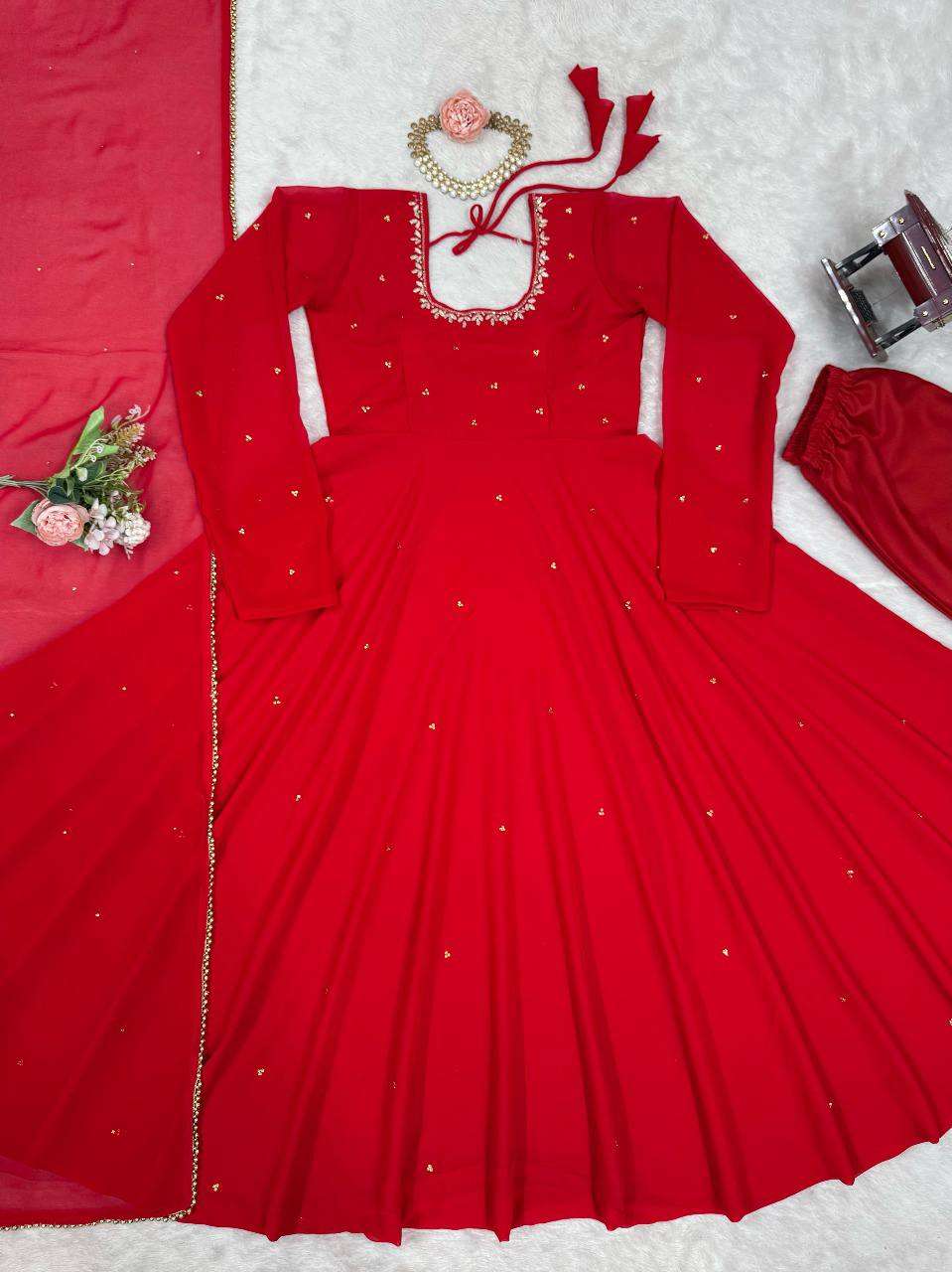 Faux Georgette Handwork Gown & Dupatta Set with Real Diamond Work