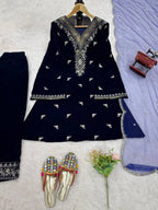 Viscose Velvet Threadâ€“Sequence Embroidered Top & Plazo Set