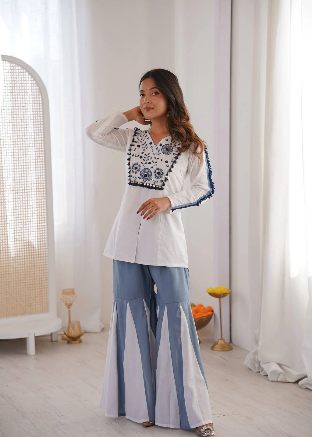 Designer 2-Piece Roman Silk Co-ord Set – Embroidery Top & Flowing Palazzo