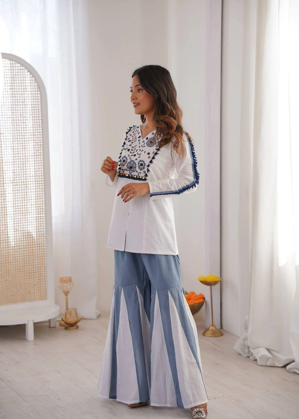 Designer 2-Piece Roman Silk Co-ord Set – Embroidery Top & Flowing Palazzo
