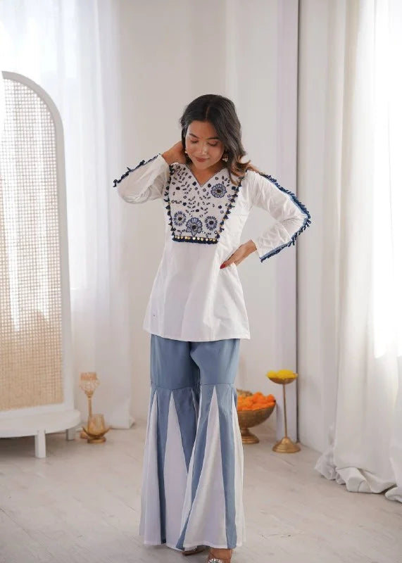 Designer 2-Piece Roman Silk Co-ord Set – Embroidery Top & Flowing Palazzo