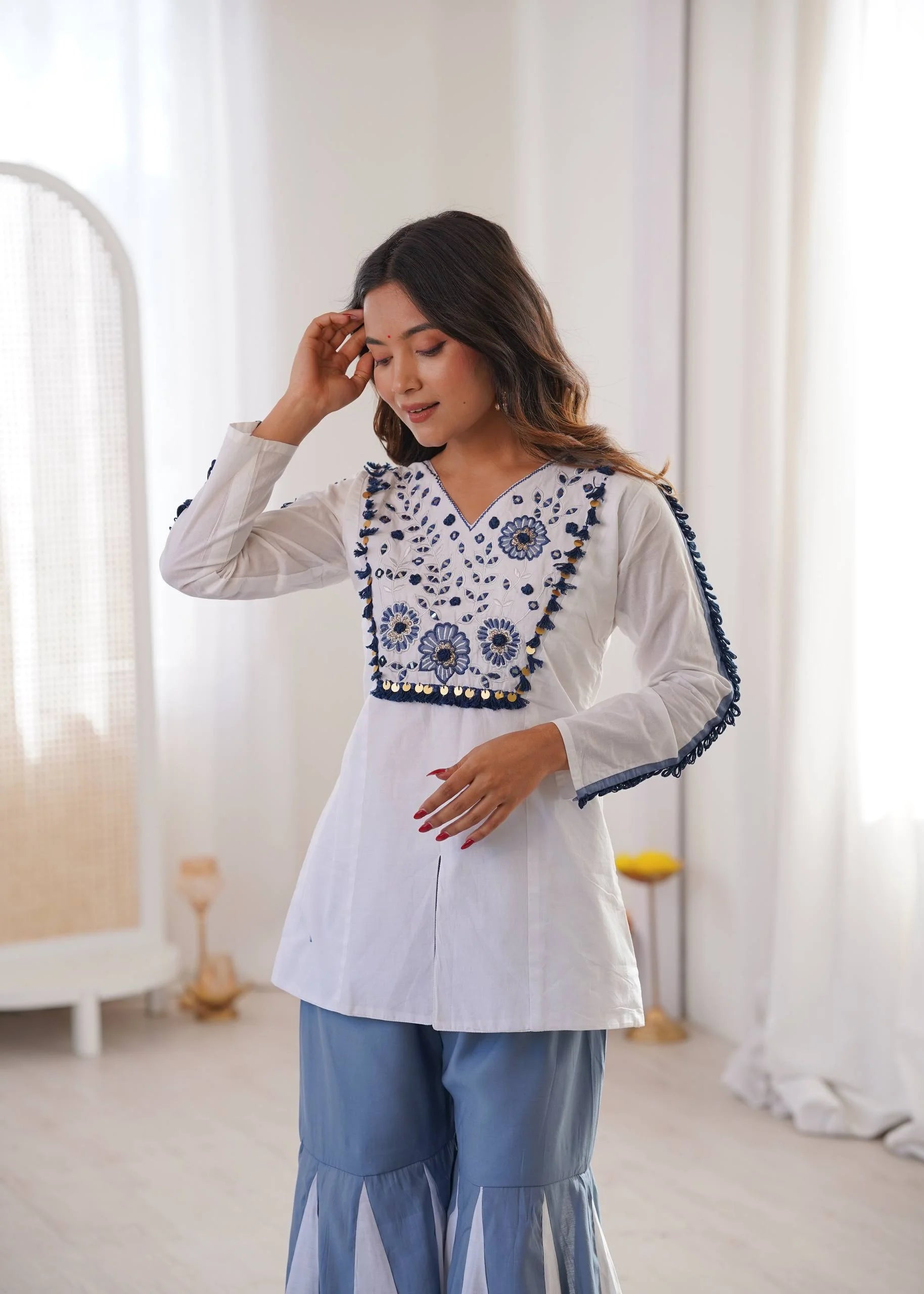 Designer 2-Piece Roman Silk Co-ord Set – Embroidery Top & Flowing Palazzo