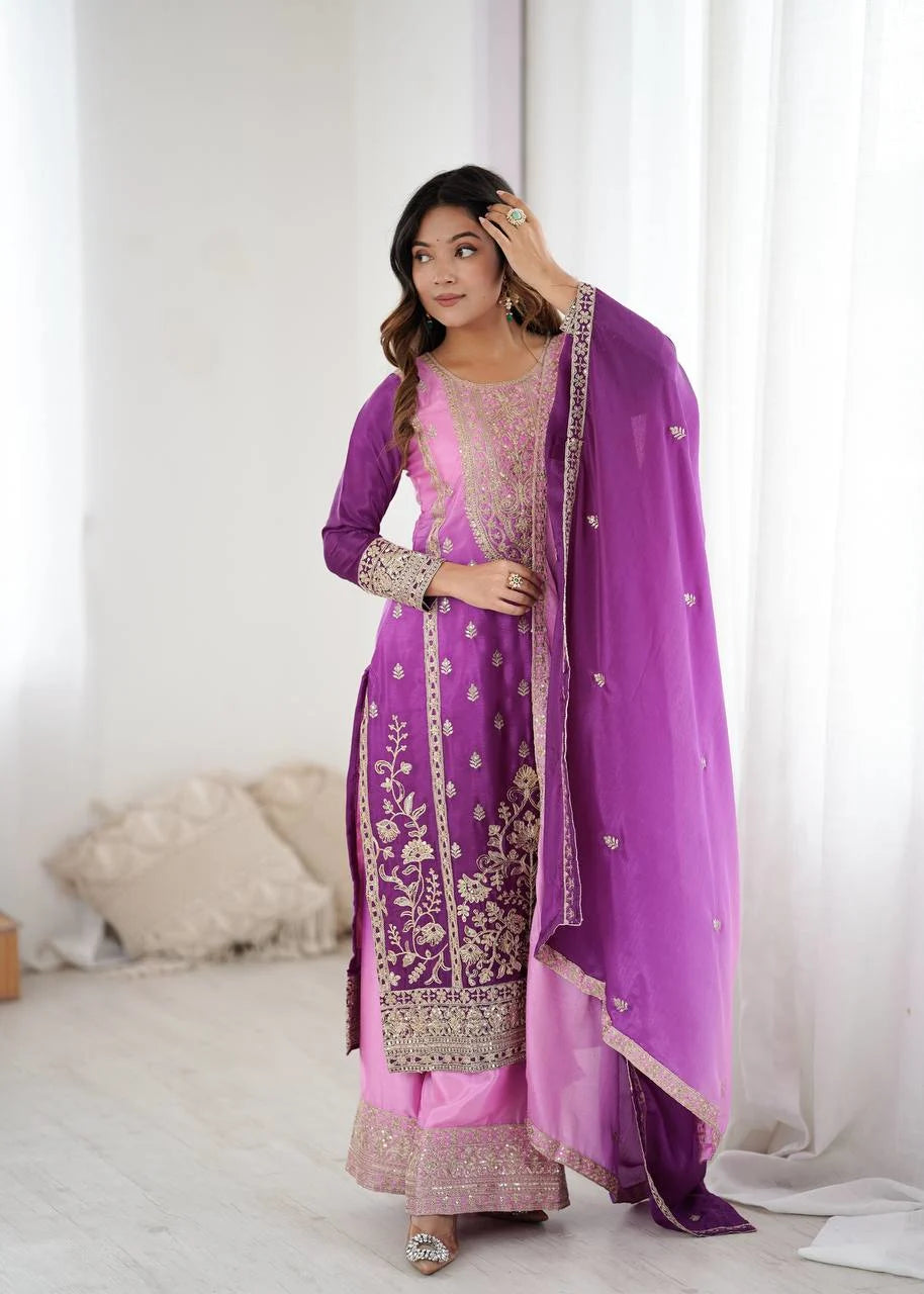 Graceful Glam: Designer Shaded Chinon Silk Top with Palazzo & Embroidered Dupatta Set