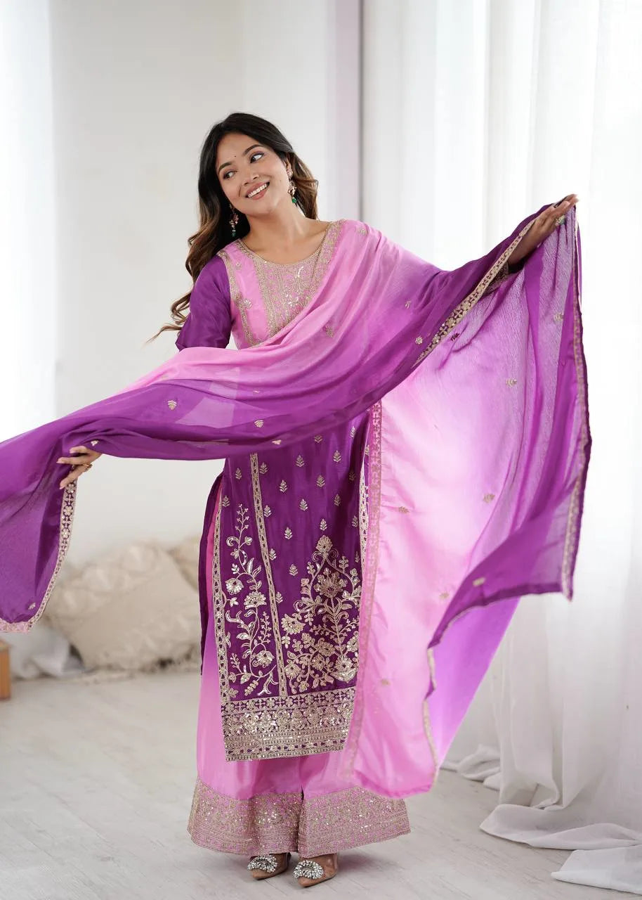 Graceful Glam: Designer Shaded Chinon Silk Top with Palazzo & Embroidered Dupatta Set