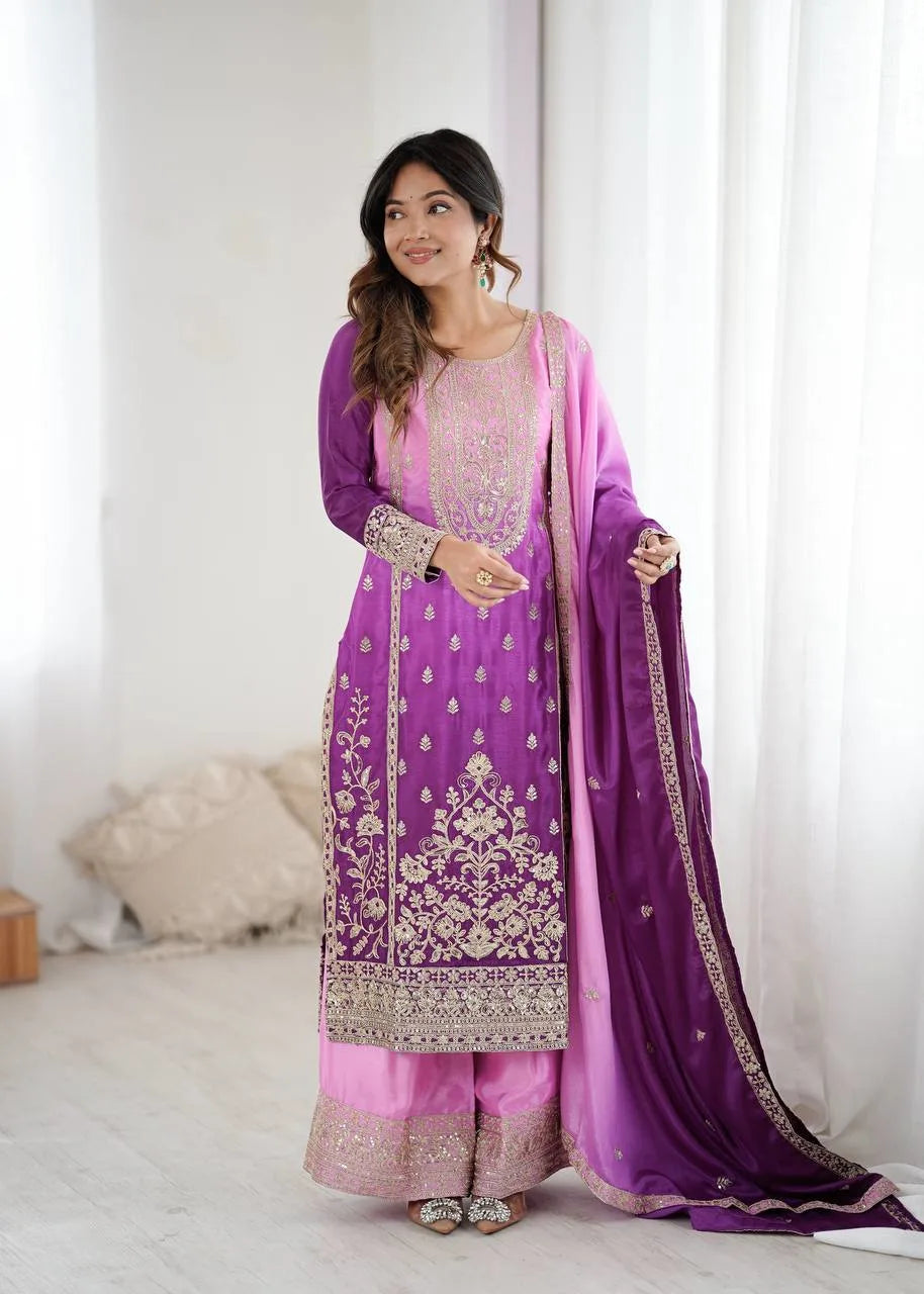 Graceful Glam: Designer Shaded Chinon Silk Top with Palazzo & Embroidered Dupatta Set