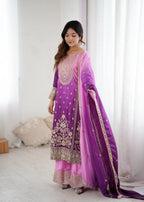 Graceful Glam: Designer Shaded Chinon Silk Top with Palazzo & Embroidered Dupatta Set