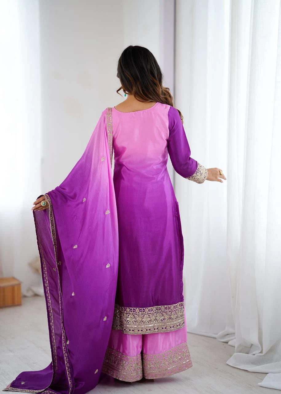Graceful Glam: Designer Shaded Chinon Silk Top with Palazzo & Embroidered Dupatta Set