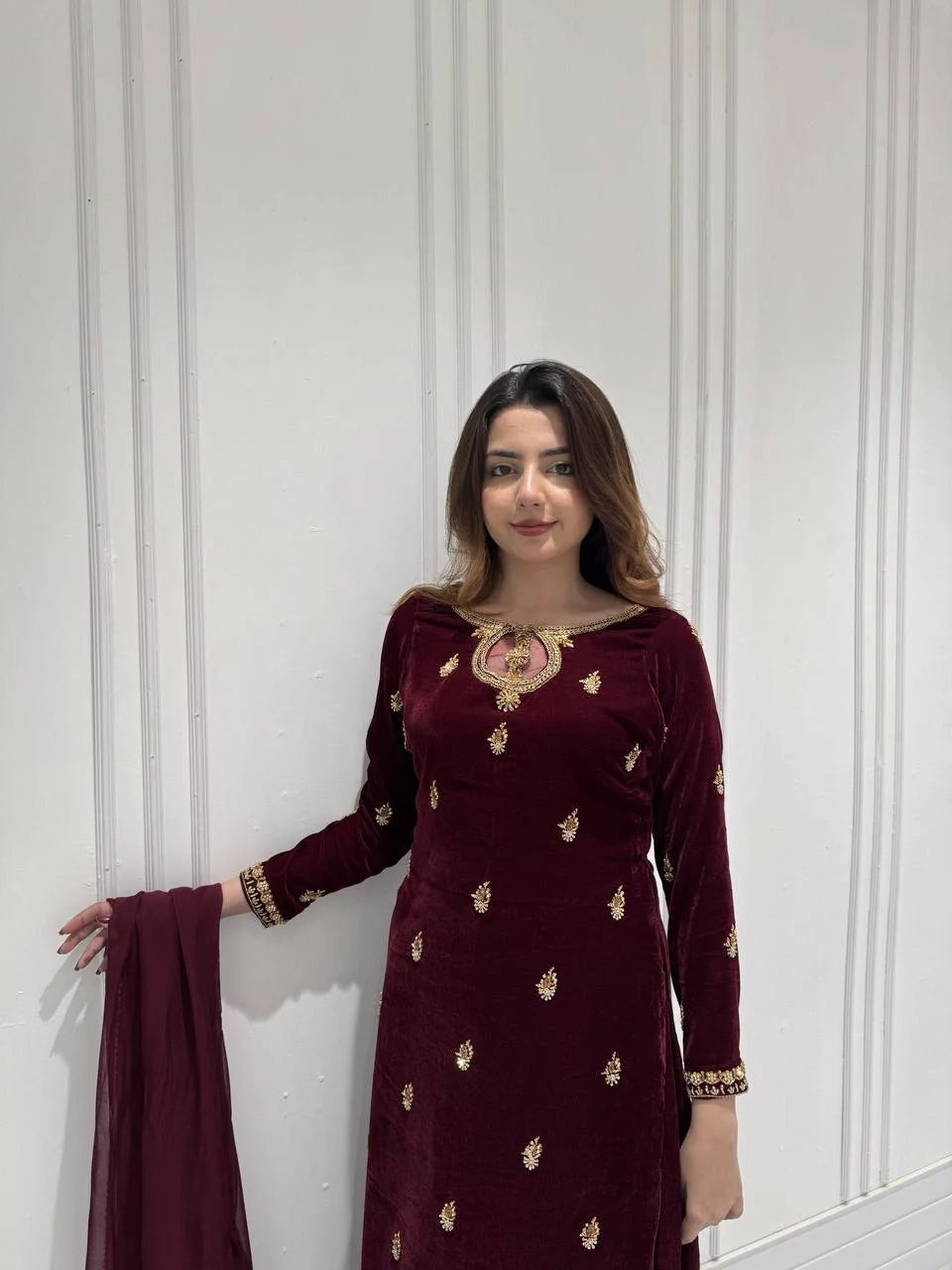 Classic Velvet Embroidery Outfit with Top, Plazzo & Dupatta