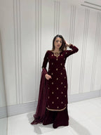 Classic Velvet Embroidery Outfit with Top, Plazzo & Dupatta