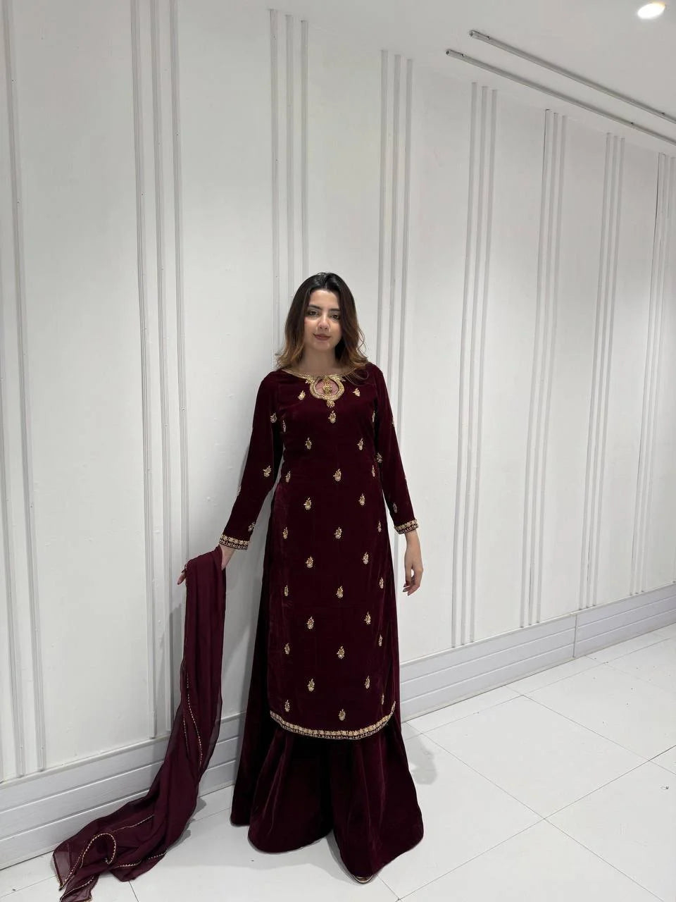 Classic Velvet Embroidery Outfit with Top, Plazzo & Dupatta