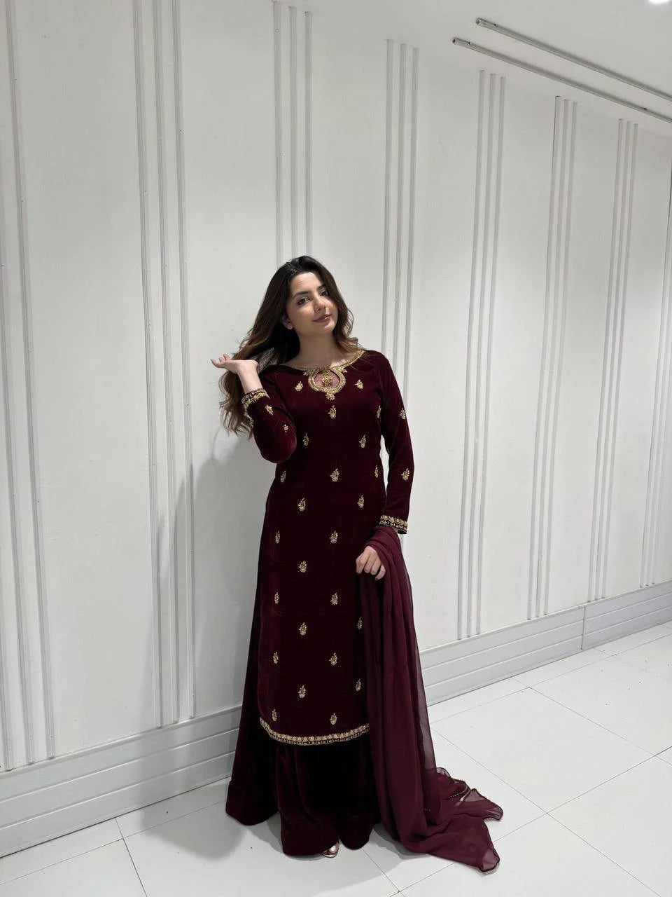 Classic Velvet Embroidery Outfit with Top, Plazzo & Dupatta
