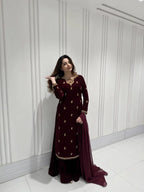 Classic Velvet Embroidery Outfit with Top, Plazzo & Dupatta