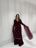 Classic Velvet Embroidery Outfit with Top, Plazzo & Dupatta
