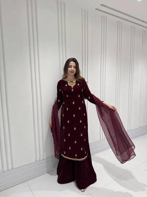 Classic Velvet Embroidery Outfit with Top, Plazzo & Dupatta