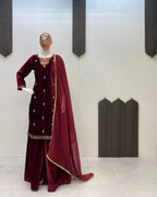 Classic Velvet Embroidery Outfit with Top, Plazzo & Dupatta