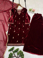 Classic Velvet Embroidery Outfit with Top, Plazzo & Dupatta