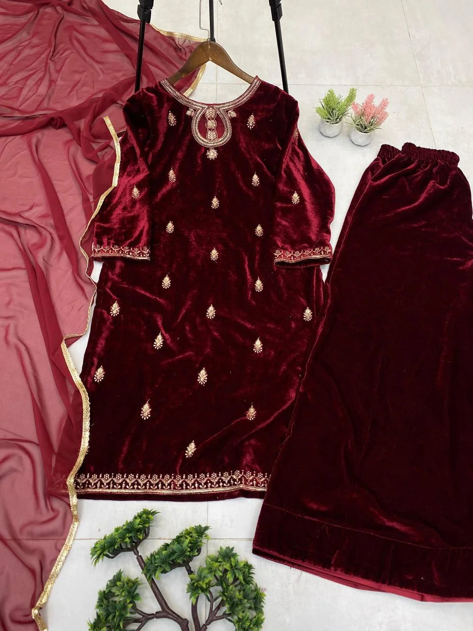 Classic Velvet Embroidery Outfit with Top, Plazzo & Dupatta