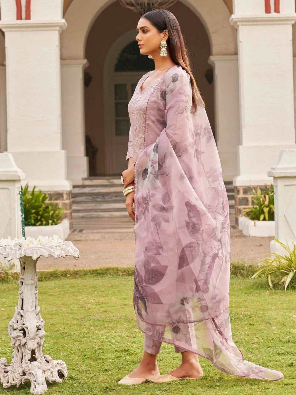 Premium Roman Fabric Suit Set with Embroidery Work & Organza Dupatta