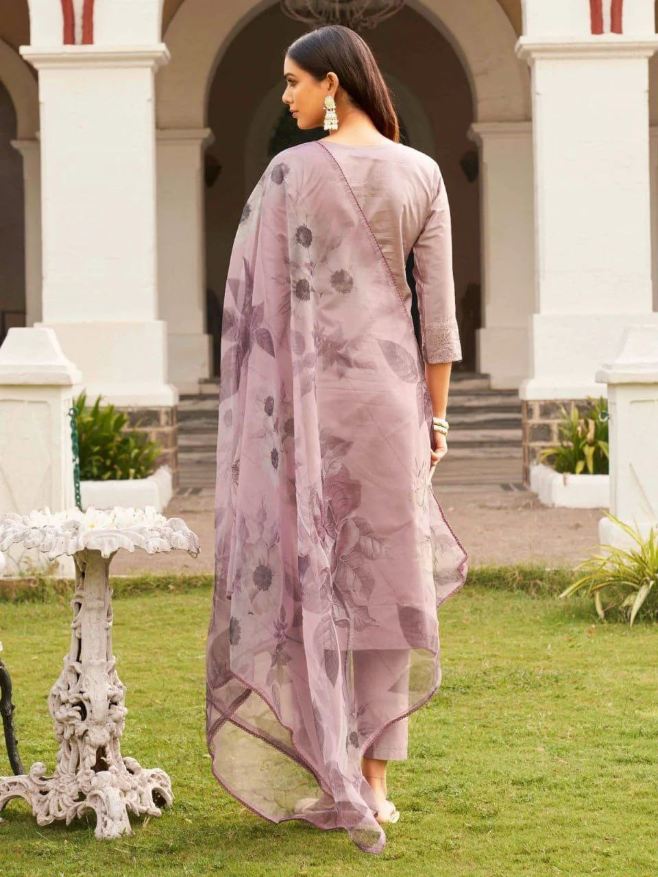 Premium Roman Fabric Suit Set with Embroidery Work & Organza Dupatta