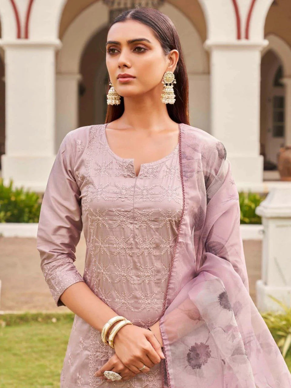 Premium Roman Fabric Suit Set with Embroidery Work & Organza Dupatta