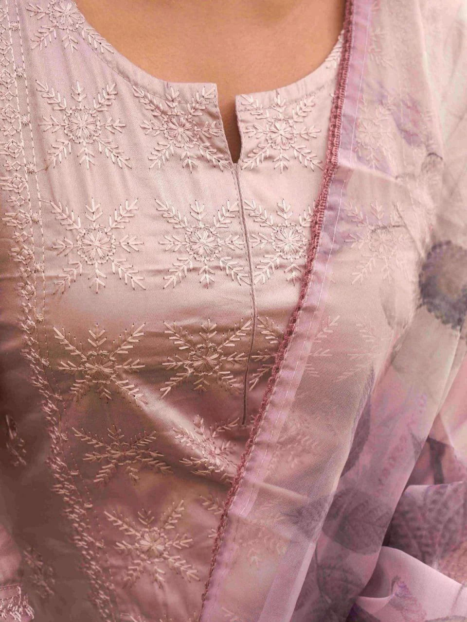 Premium Roman Fabric Suit Set with Embroidery Work & Organza Dupatta