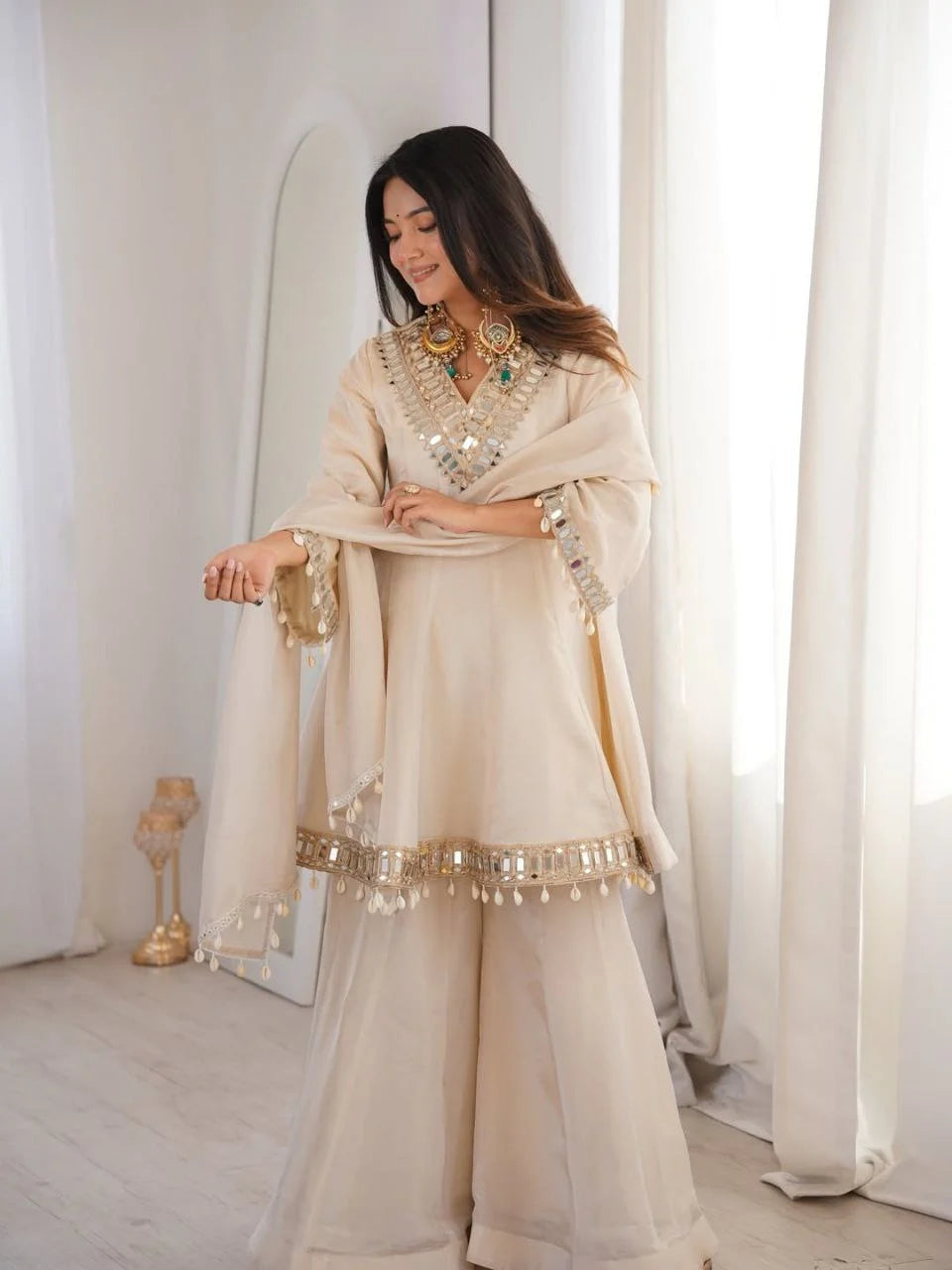 Premium Off-White Mirror Work Peplum Palazzo Suit With Dupatta