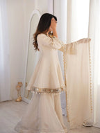 Premium Off-White Mirror Work Peplum Palazzo Suit With Dupatta