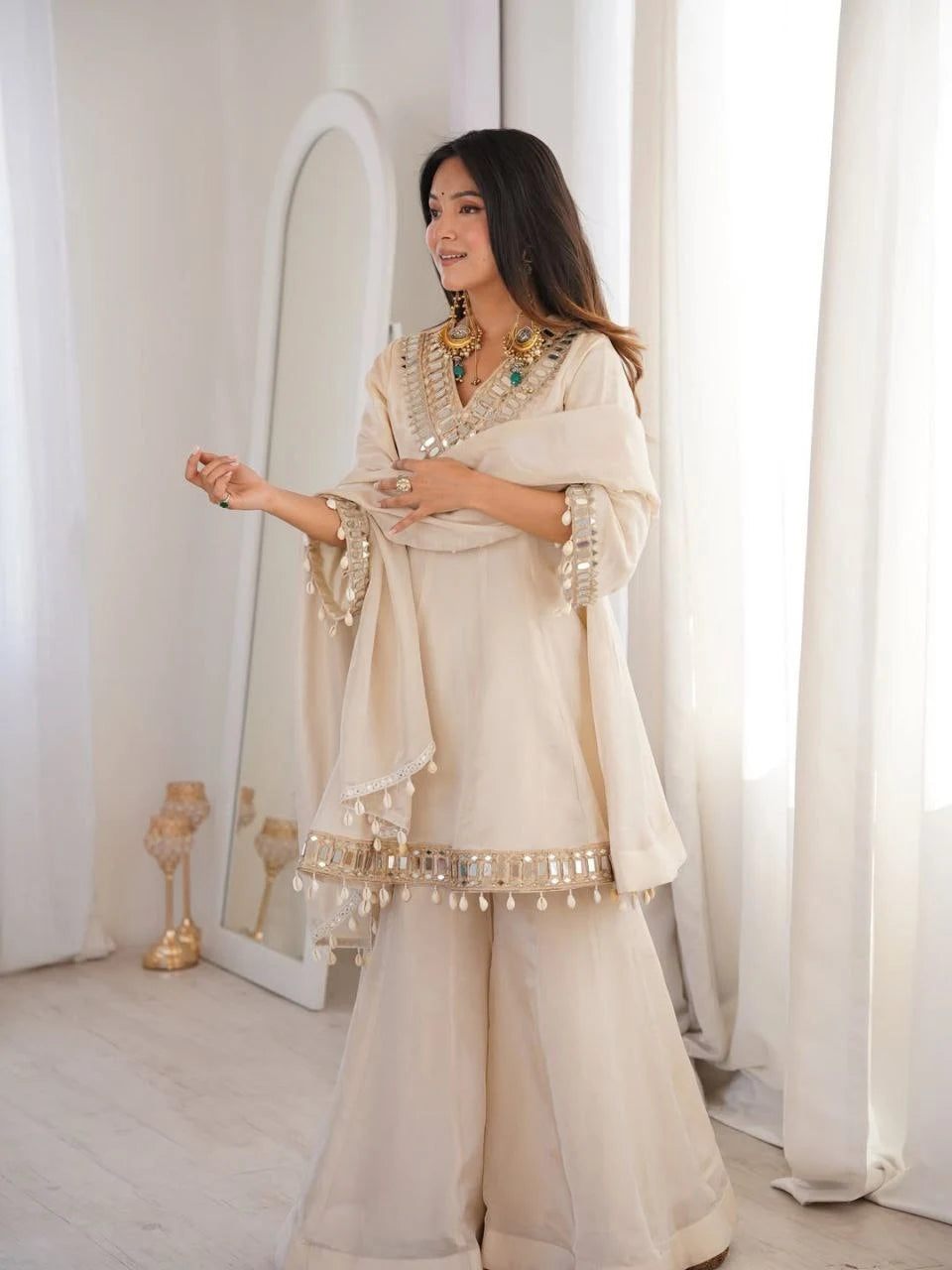 Premium Off-White Mirror Work Peplum Palazzo Suit With Dupatta