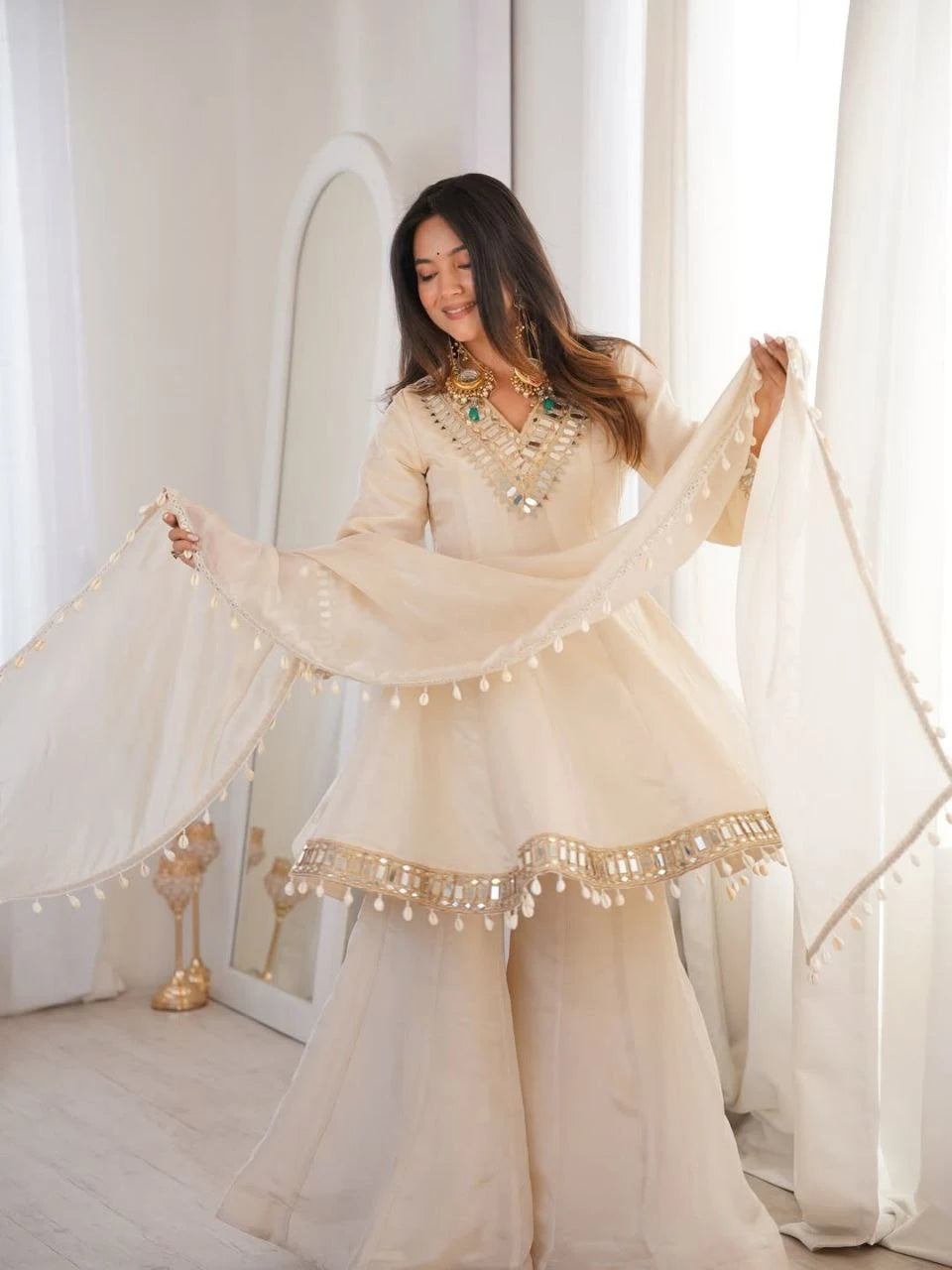 Premium Off-White Mirror Work Peplum Palazzo Suit With Dupatta