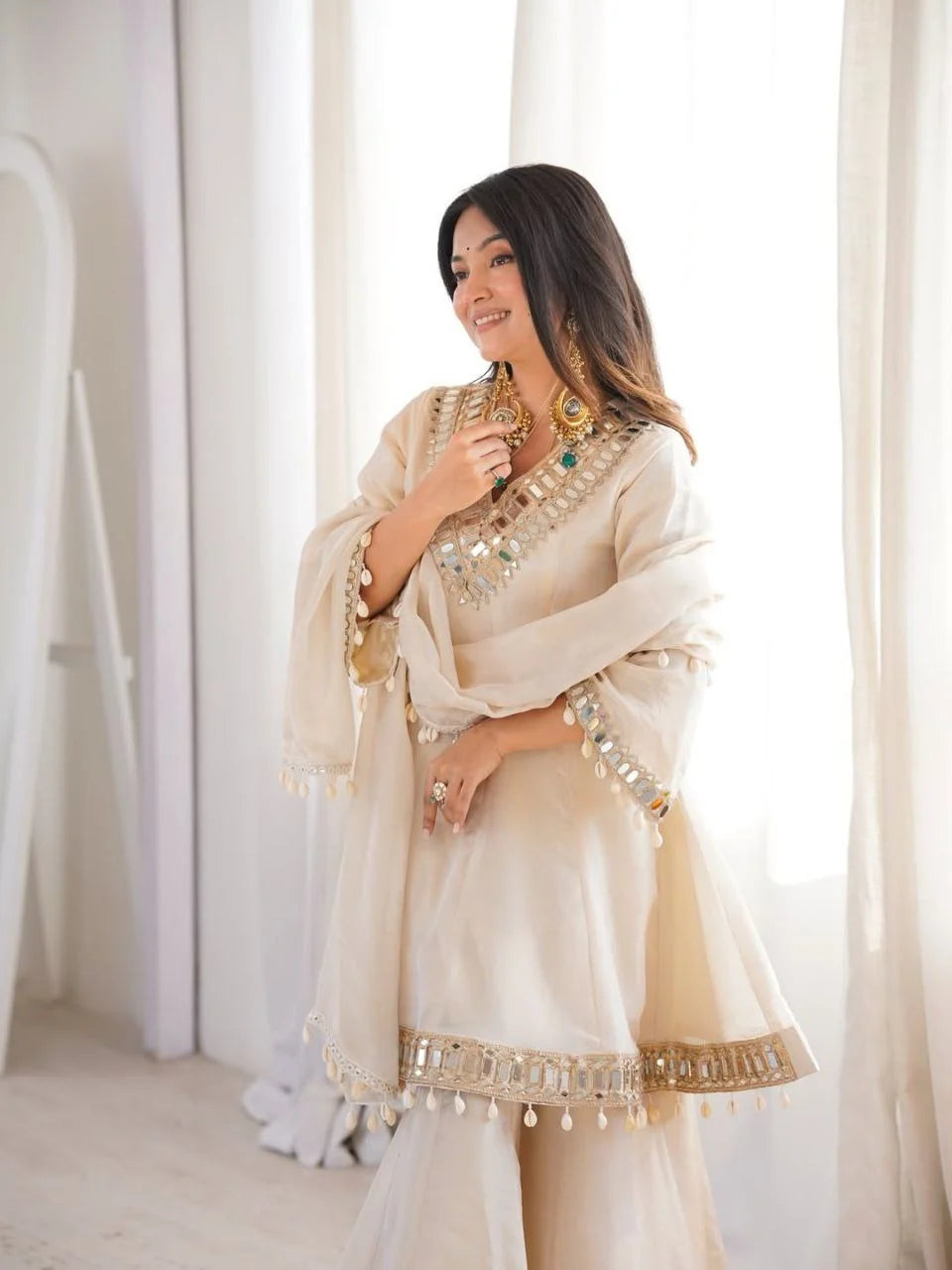 Premium Off-White Mirror Work Peplum Palazzo Suit With Dupatta