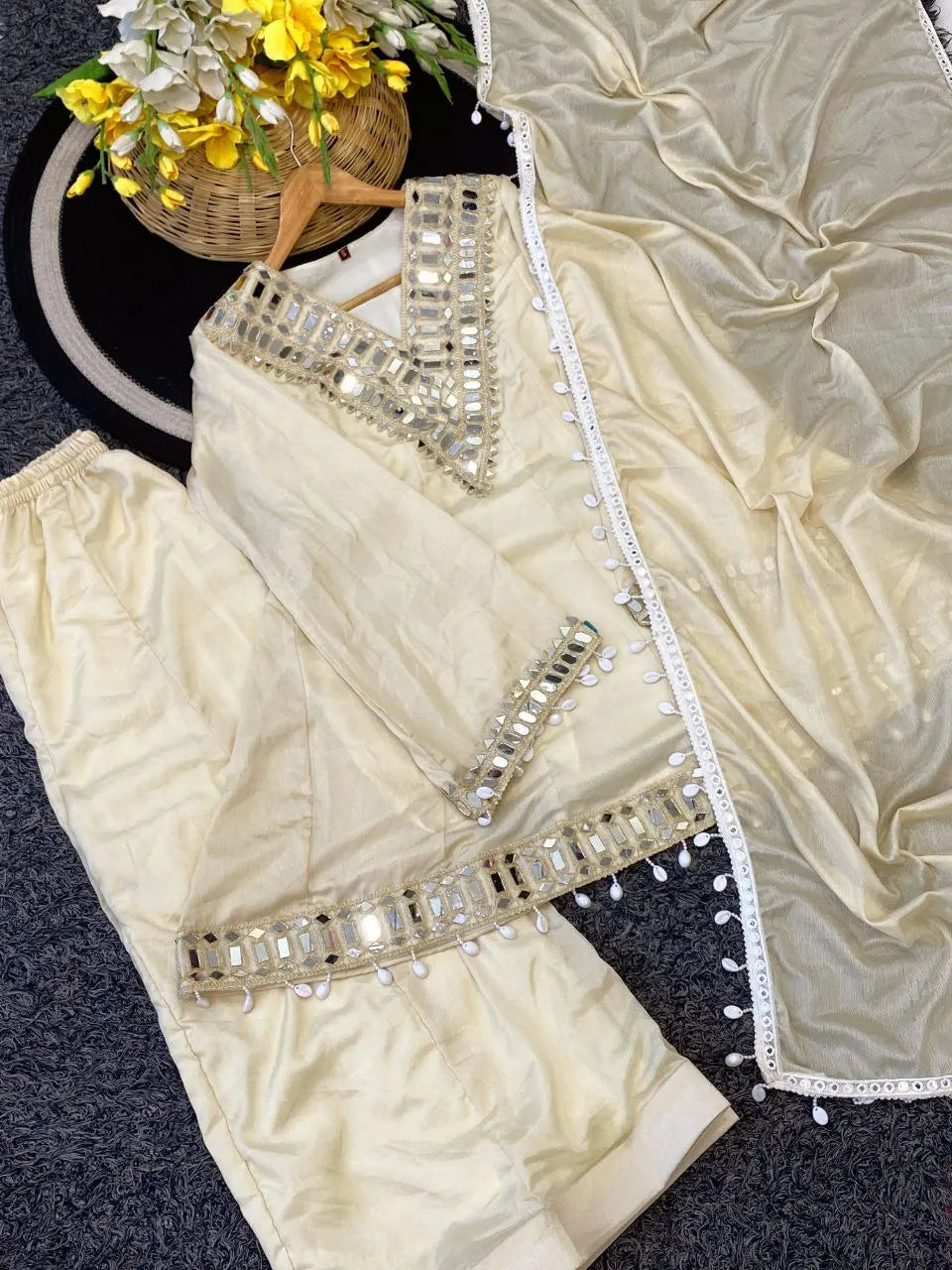 Premium Off-White Mirror Work Peplum Palazzo Suit With Dupatta