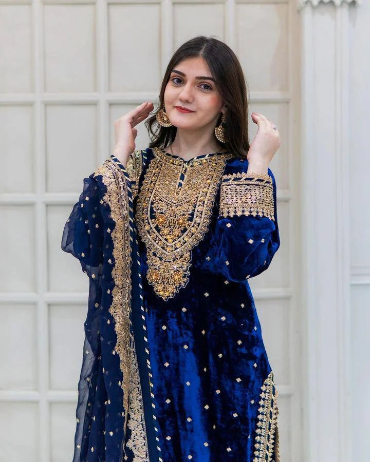 Pure Viscose Velvet Suit Set with Heavy Sequence Embroidery