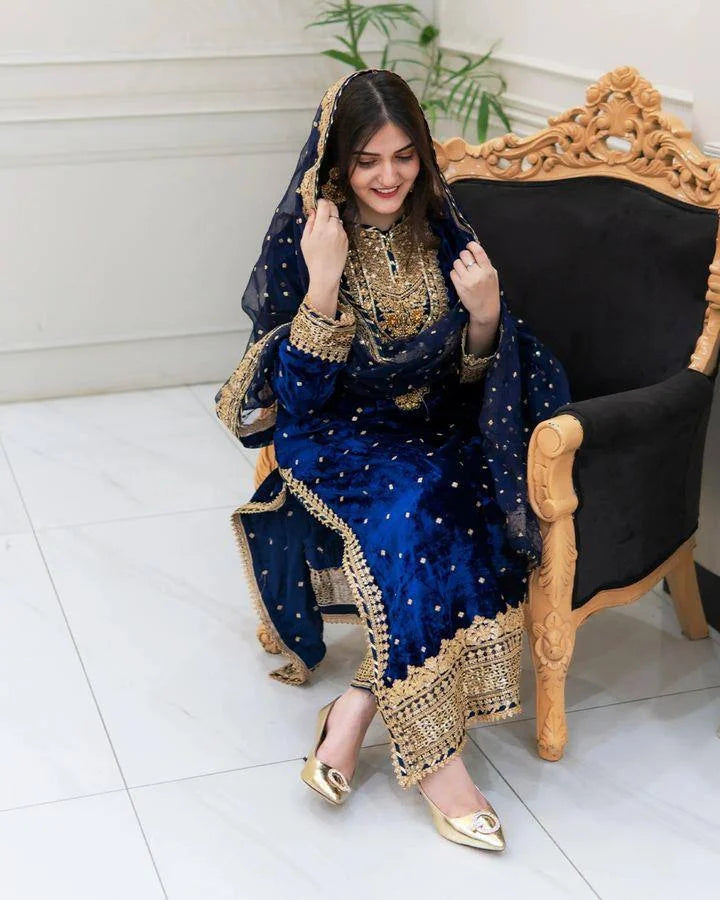 Pure Viscose Velvet Suit Set with Heavy Sequence Embroidery