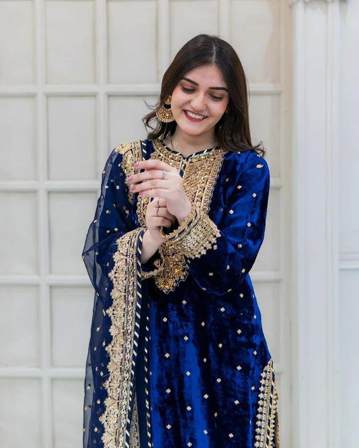 Pure Viscose Velvet Suit Set with Heavy Sequence Embroidery