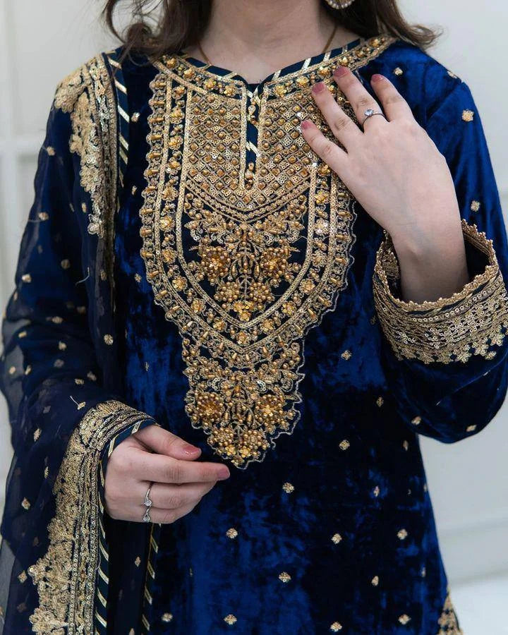 Pure Viscose Velvet Suit Set with Heavy Sequence Embroidery