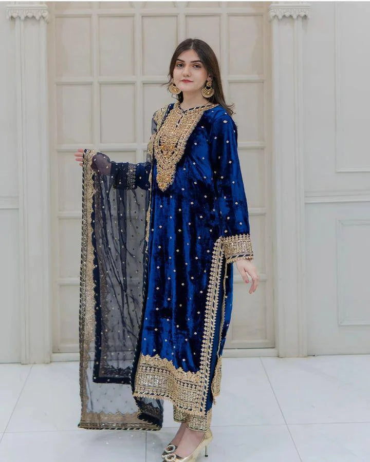 Pure Viscose Velvet Suit Set with Heavy Sequence Embroidery