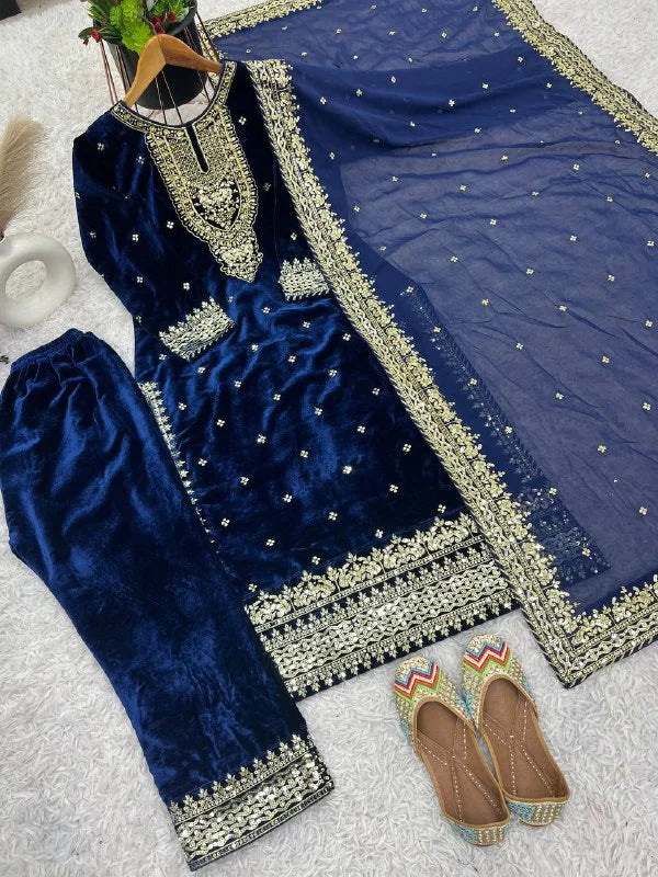 Pure Viscose Velvet Suit Set with Heavy Sequence Embroidery