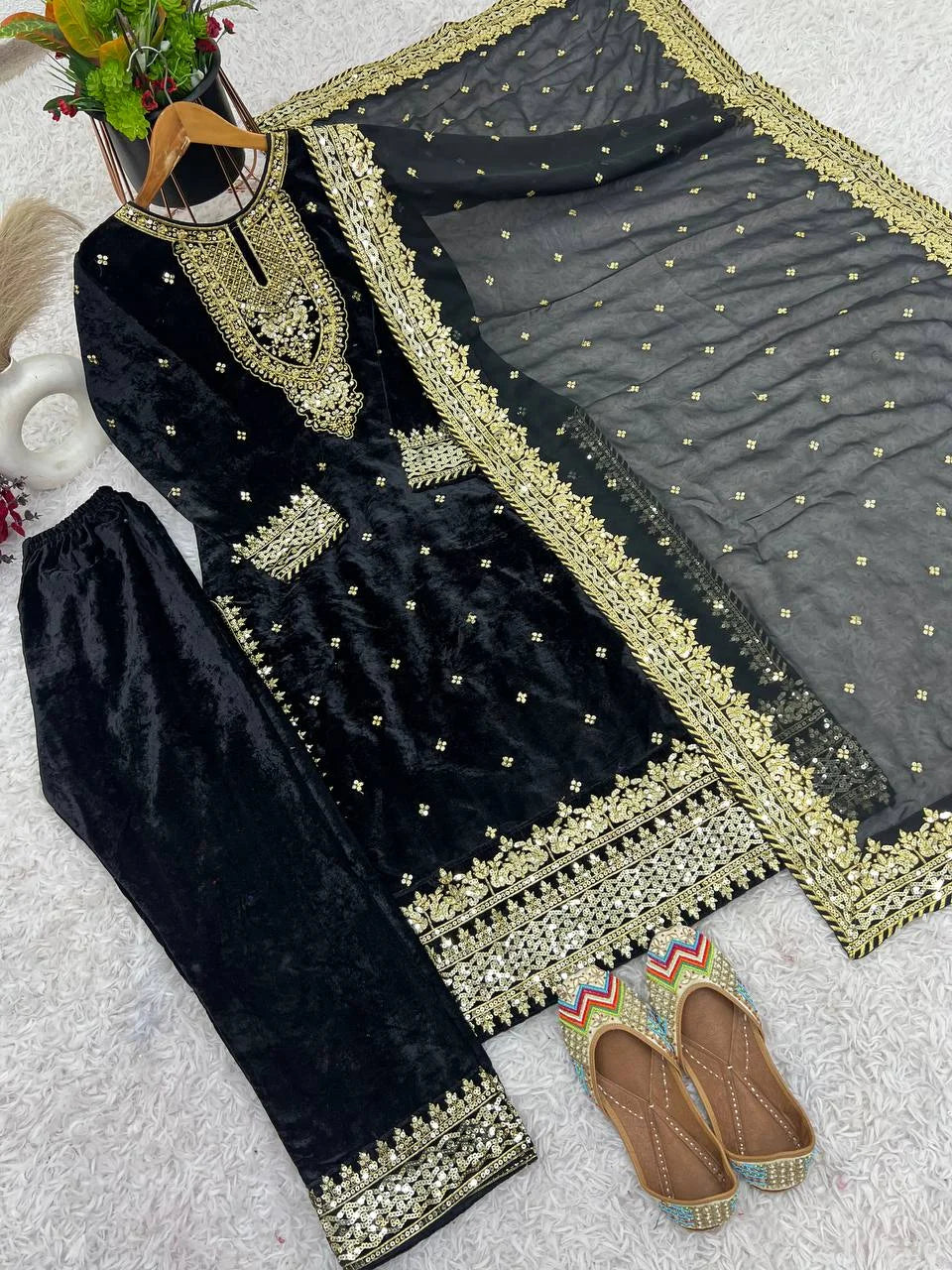 Fully Stitched Velvet Suit Set with Heavy Sequence Work & Designer Dupatta
