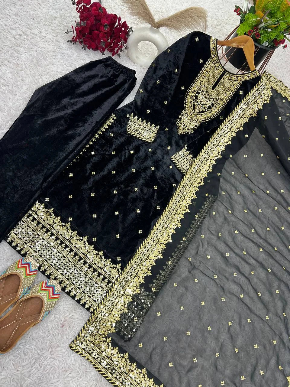 Fully Stitched Velvet Suit Set with Heavy Sequence Work & Designer Dupatta